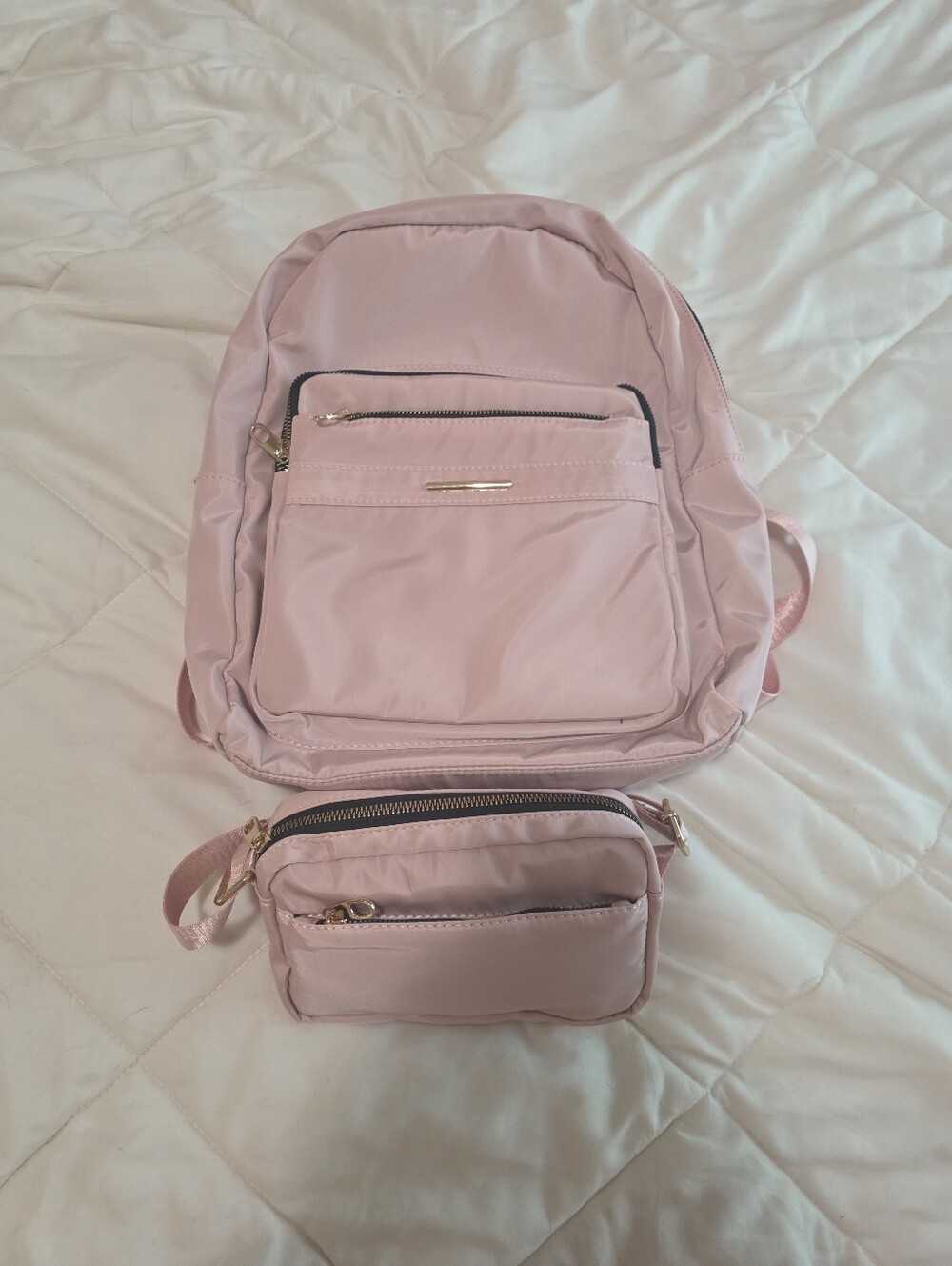 Pink Nylon Backpack and Crossbody Pouch